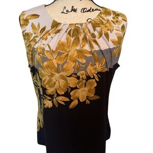 Calvin Klein Women’s Sleeveless Crew Neck Navy & Gold Floral Blouse XL NWT